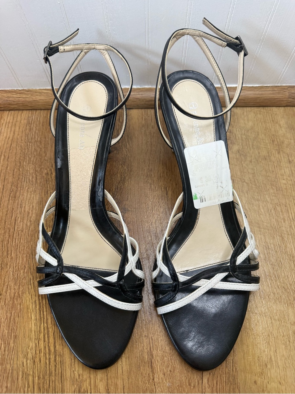 Etienne Aigner Black and Cream Strappy Ankle‑Buckle Heels Size 8.5